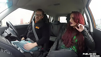 British Redheaded Babe Engages In Public Oral Sex With Driving Instructor